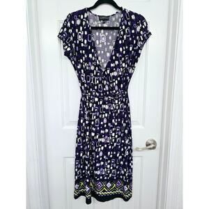 Women’s Dress Sz S Black Purple Geometric Print Short Sleeve Knee Length V-Neck